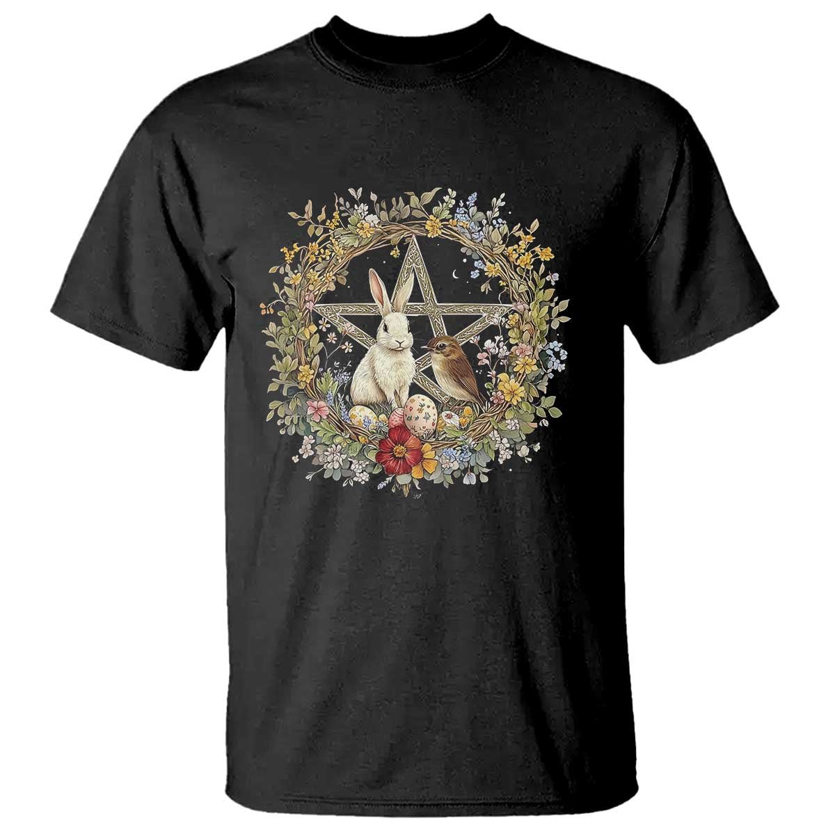 Ostara Blessing Pagan Eostre Easter Day T Shirt Rabbit Bird Wiccan Pentagram