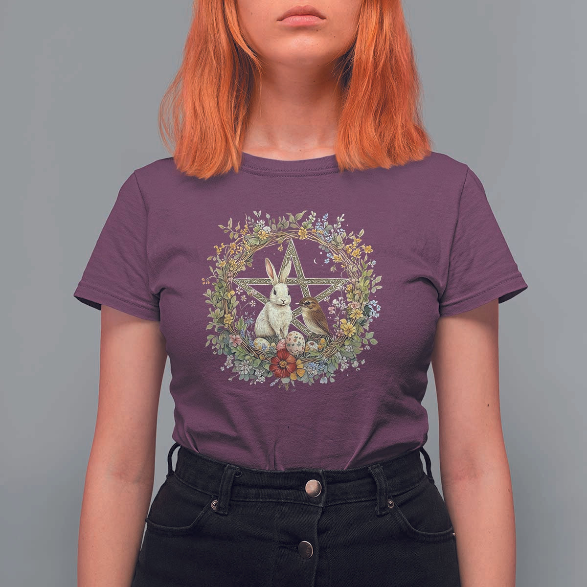 Ostara Blessing Pagan Eostre Easter Day T Shirt For Women Rabbit Bird Wiccan Pentagram