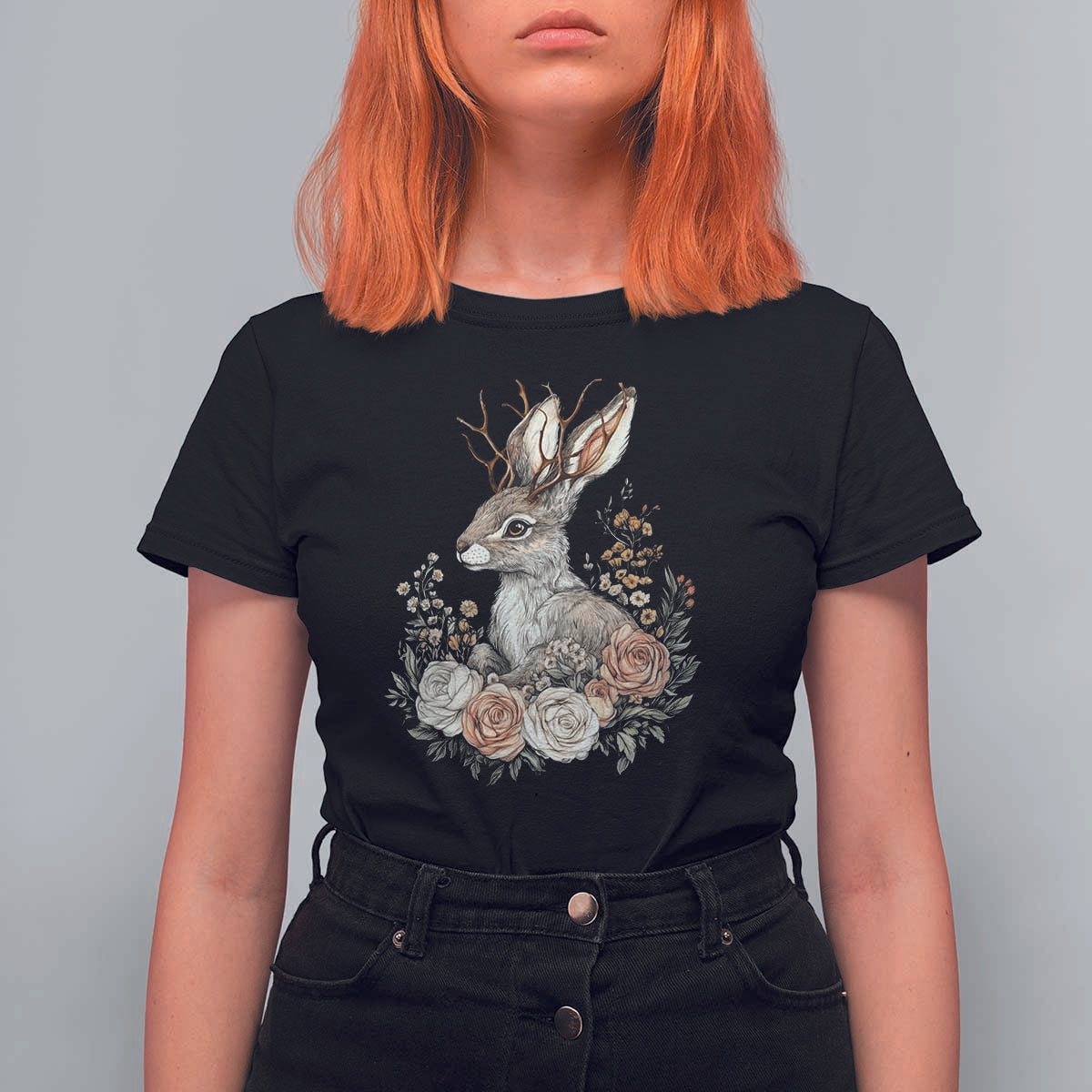 Easter Day Jackalope Vintage Floral Cottagecore T Shirt For Women