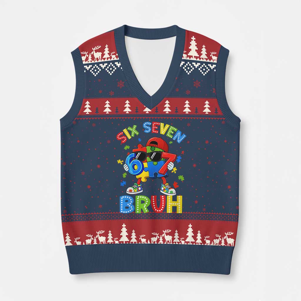 67 Autism Awareness V-Neck Knit Sweater Vest Funny Six Seven Bruh Autistic Puzzle Kids Boys