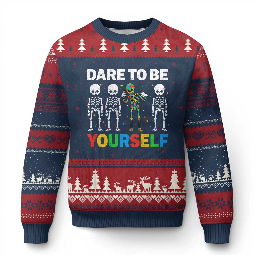 Autism Awareness 67 Ugly Christmas Sweater Dare To Be Yourself Six Seven Autism Skeleton