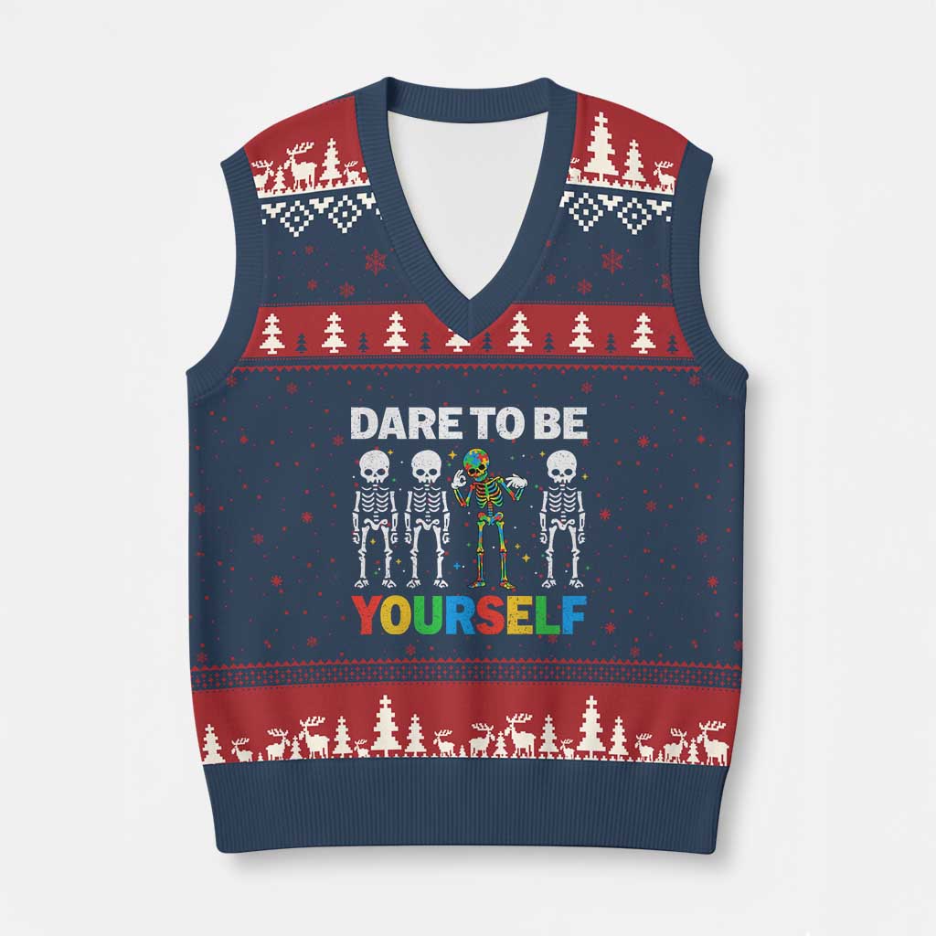 Autism Awareness 67 V-Neck Knit Sweater Vest Dare To Be Yourself Six Seven Autism Skeleton