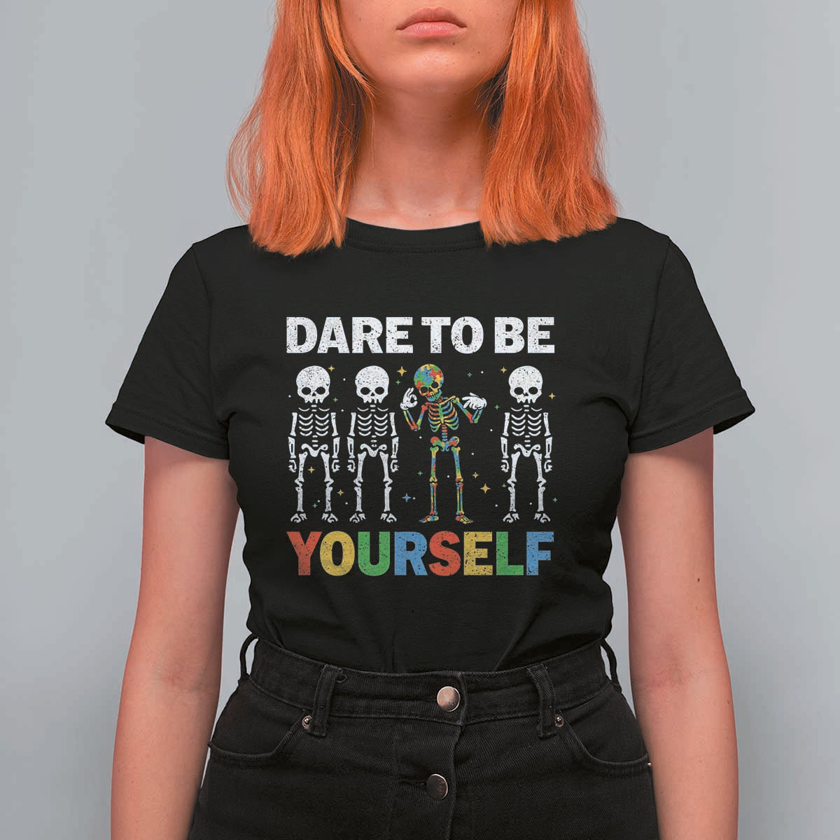 Autism Awareness 67 T Shirt For Women Dare To Be Yourself Six Seven Autism Skeleton