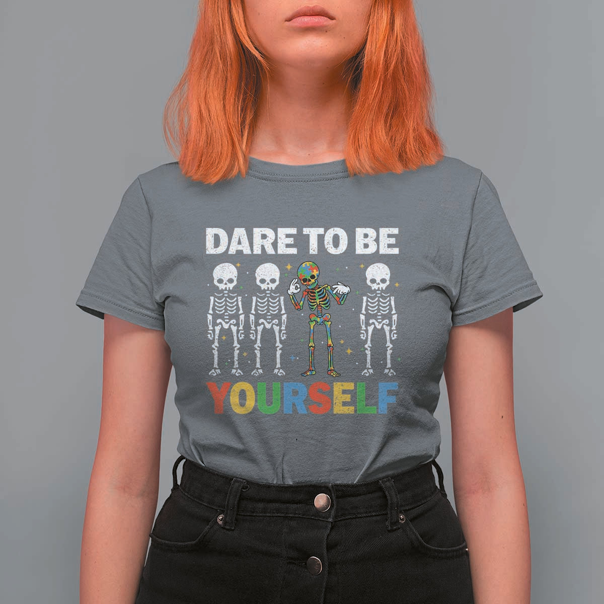 Autism Awareness 67 T Shirt For Women Dare To Be Yourself Six Seven Autism Skeleton