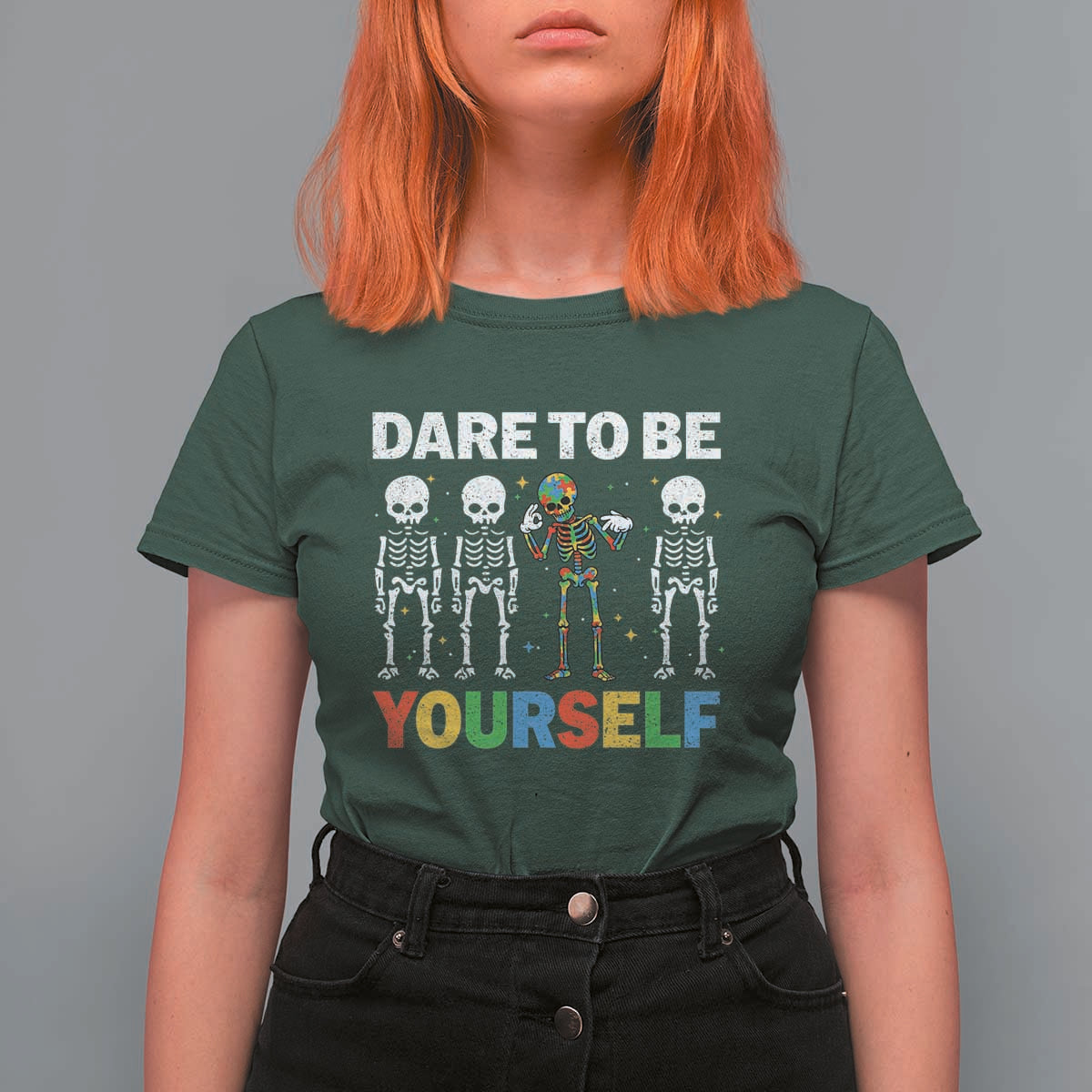 Autism Awareness 67 T Shirt For Women Dare To Be Yourself Six Seven Autism Skeleton