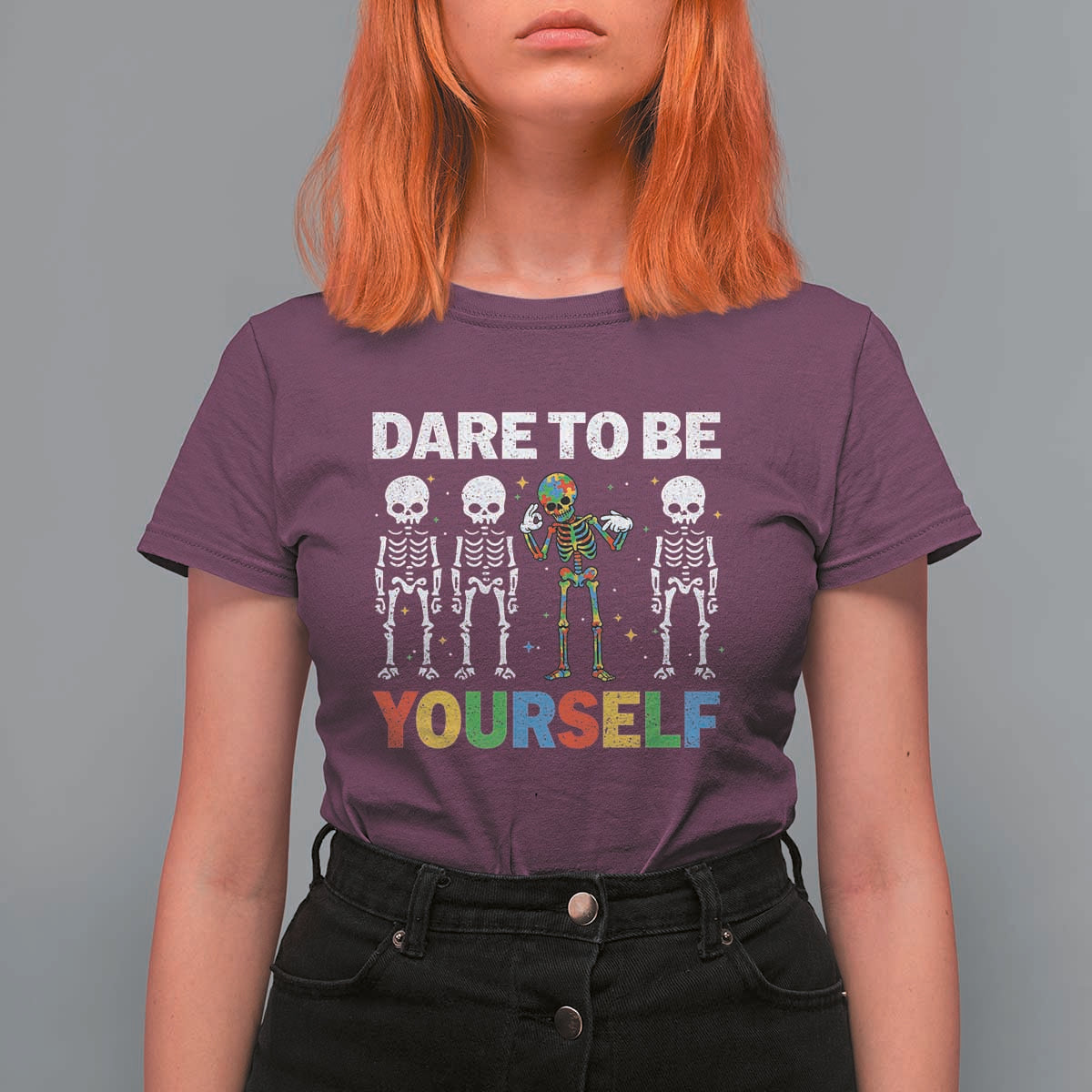 Autism Awareness 67 T Shirt For Women Dare To Be Yourself Six Seven Autism Skeleton
