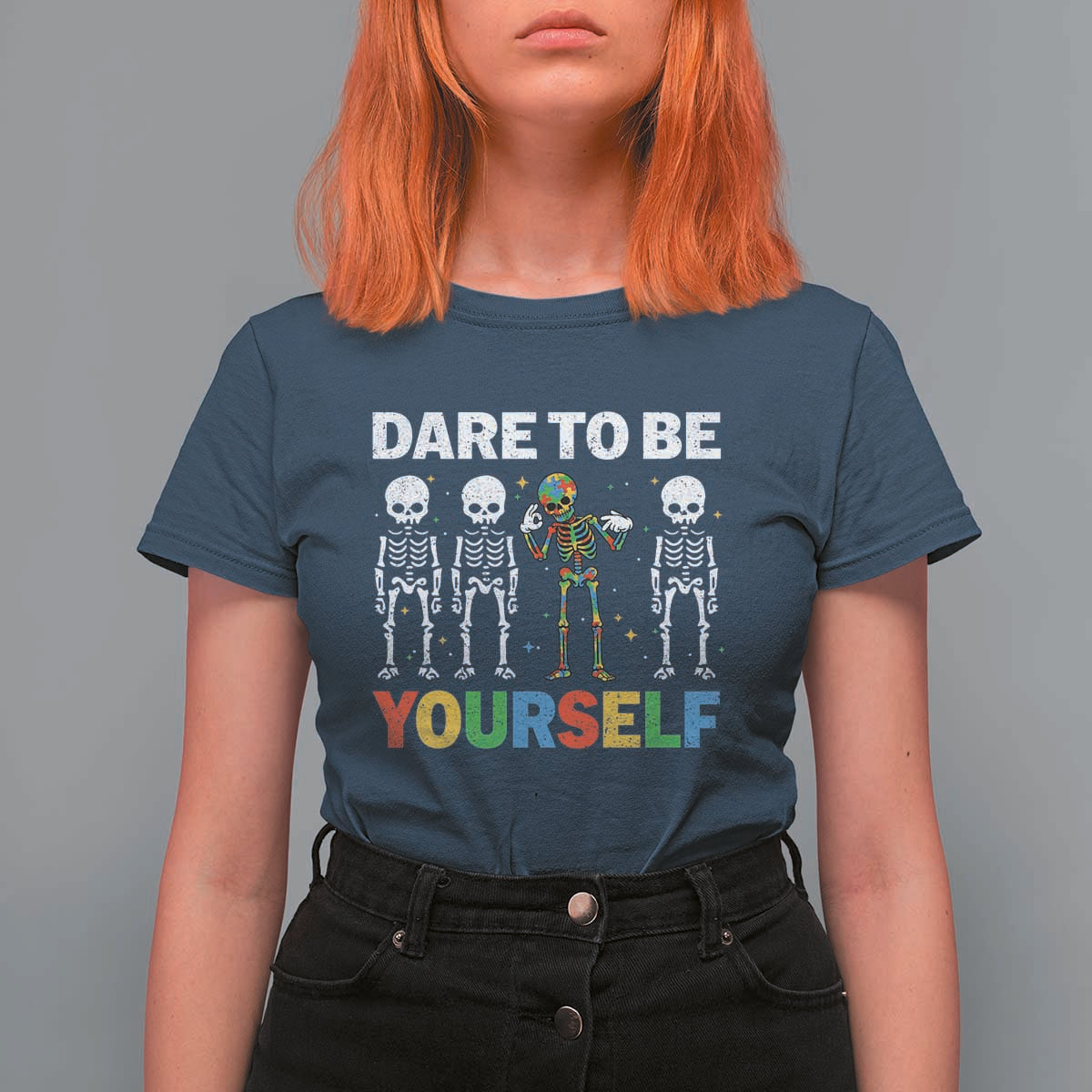 Autism Awareness 67 T Shirt For Women Dare To Be Yourself Six Seven Autism Skeleton