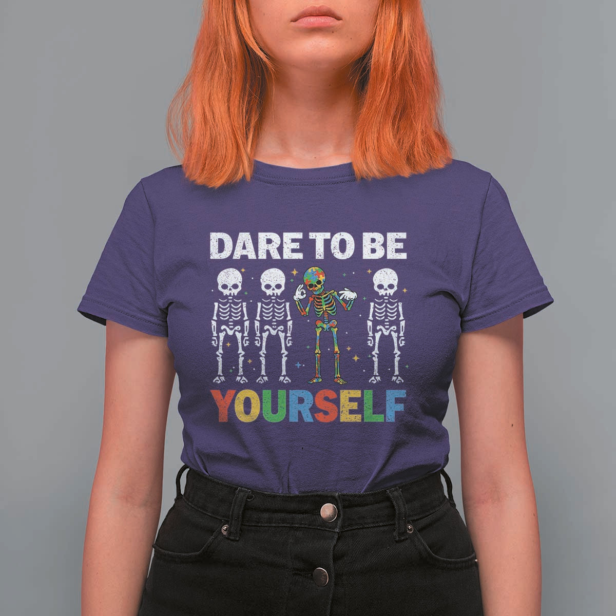 Autism Awareness 67 T Shirt For Women Dare To Be Yourself Six Seven Autism Skeleton
