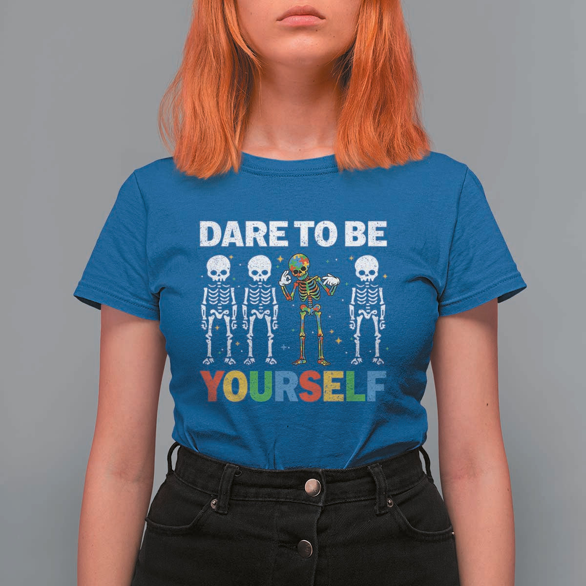 Autism Awareness 67 T Shirt For Women Dare To Be Yourself Six Seven Autism Skeleton