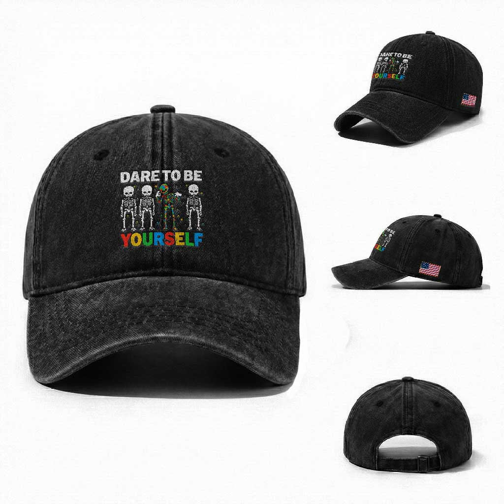 Autism Awareness 67 Washed Cotton Baseball Cap Dare To Be Yourself Six Seven Autism Skeleton