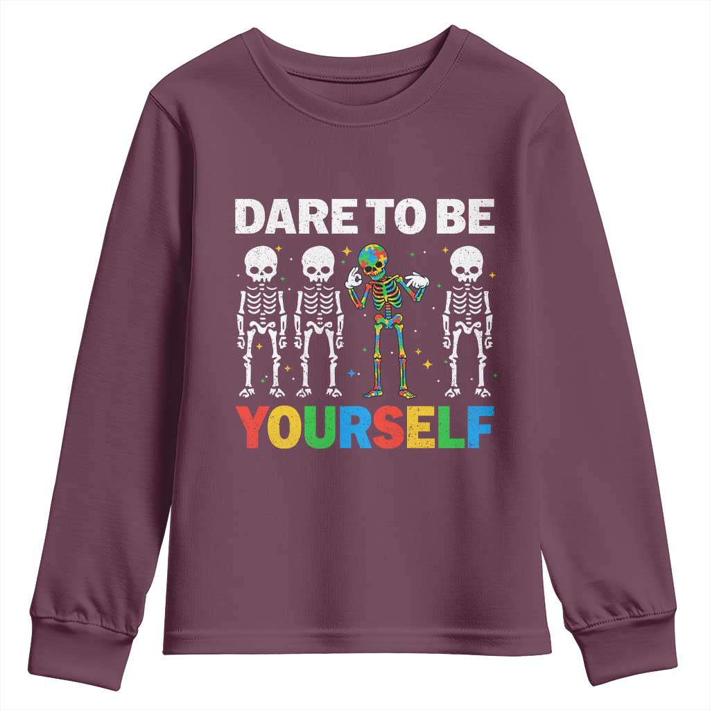 Autism Awareness 67 Youth Sweatshirt Dare To Be Yourself Six Seven Autism Skeleton