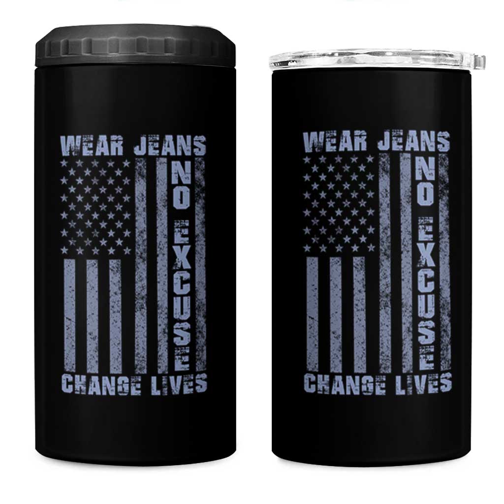 Denim Day Awareness 4 in 1 Can Cooler Tumbler Wear Jeans No Excuse Change Lives Vintage American Flag
