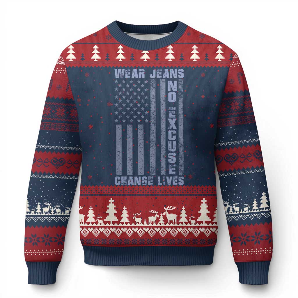 Denim Day Awareness Ugly Christmas Sweater Wear Jeans No Excuse Change Lives Vintage American Flag