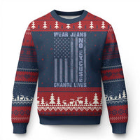 Denim Day Awareness Ugly Christmas Sweater Wear Jeans No Excuse Change Lives Vintage American Flag