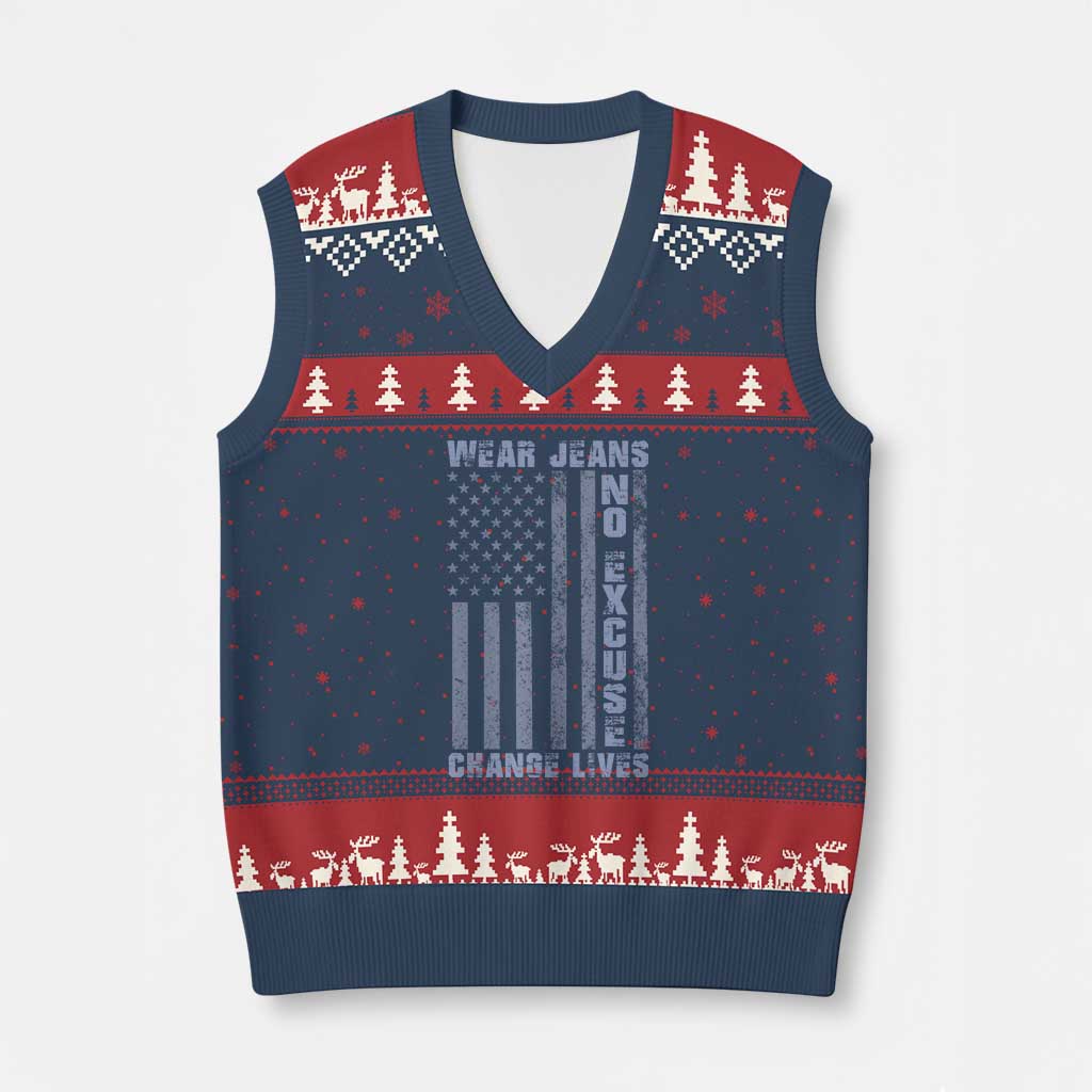 Denim Day Awareness V-Neck Knit Sweater Vest Wear Jeans No Excuse Change Lives Vintage American Flag