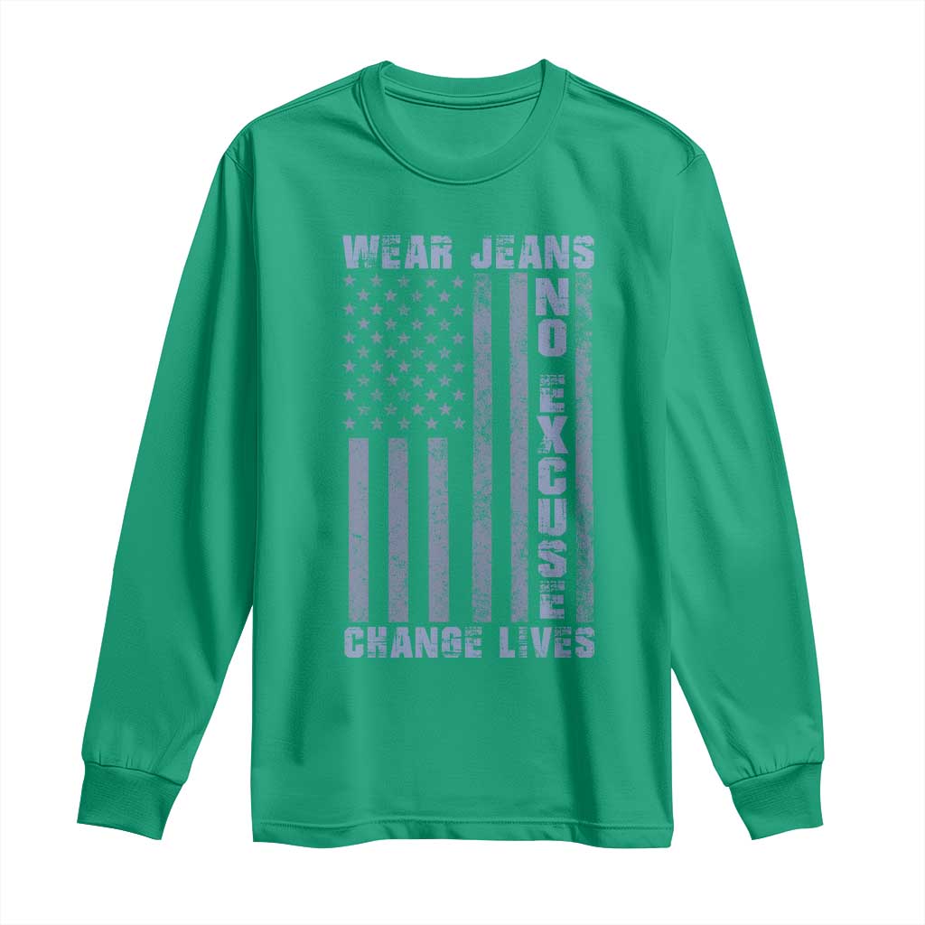 Denim Day Awareness Long Sleeve Shirt Wear Jeans No Excuse Change Lives Vintage American Flag