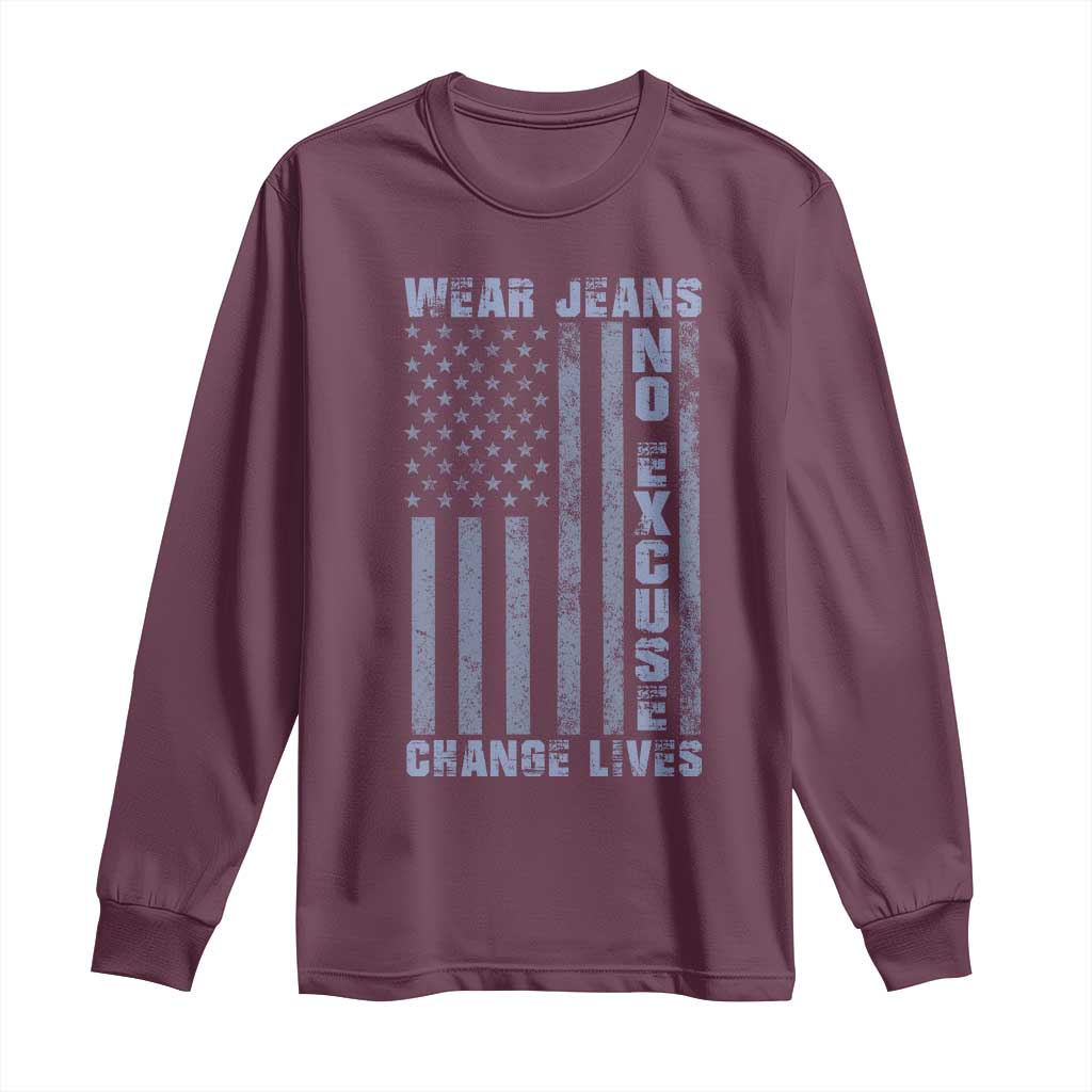 Denim Day Awareness Long Sleeve Shirt Wear Jeans No Excuse Change Lives Vintage American Flag