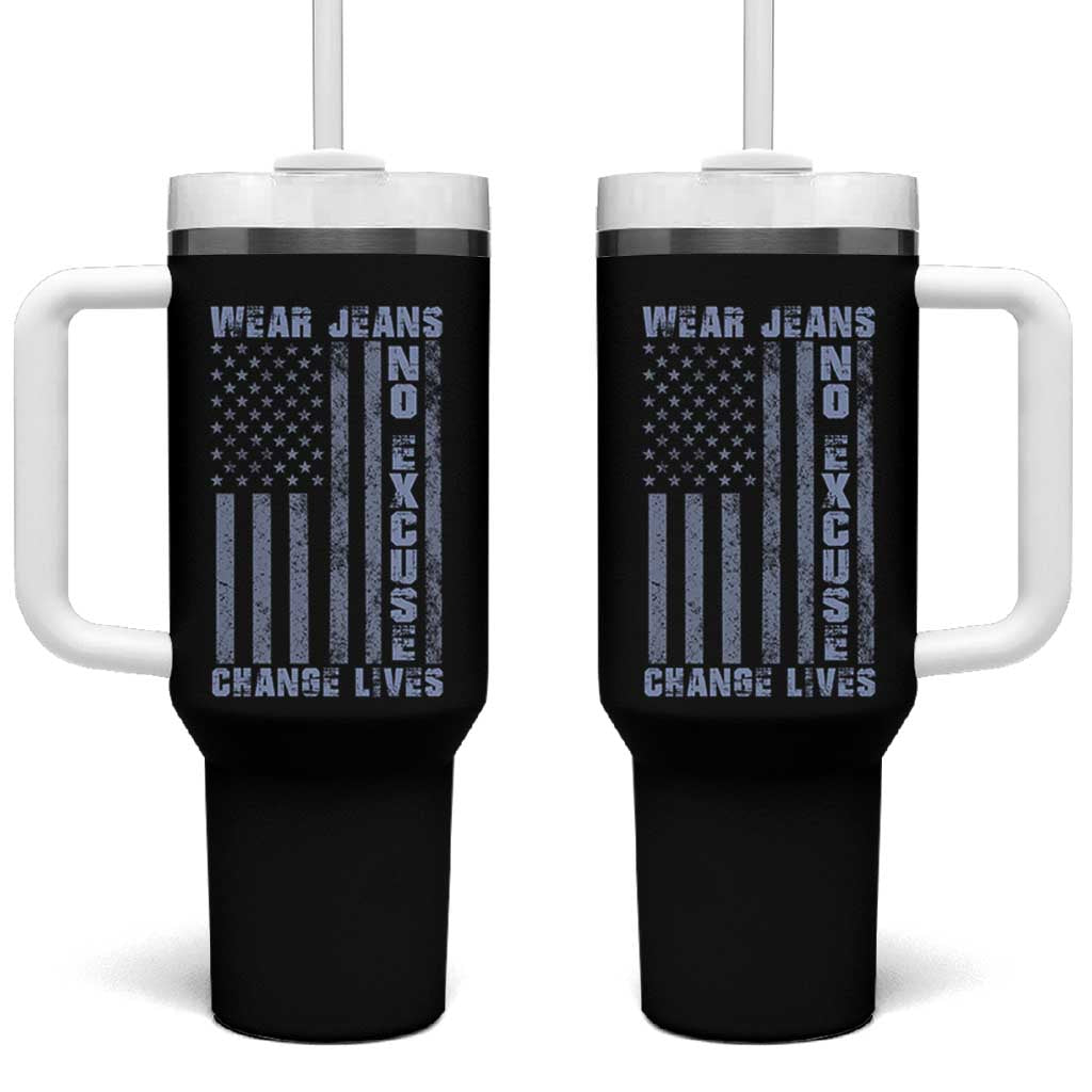 Denim Day Awareness Tumbler With Handle Wear Jeans No Excuse Change Lives Vintage American Flag