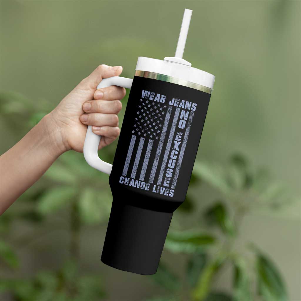 Denim Day Awareness Tumbler With Handle Wear Jeans No Excuse Change Lives Vintage American Flag