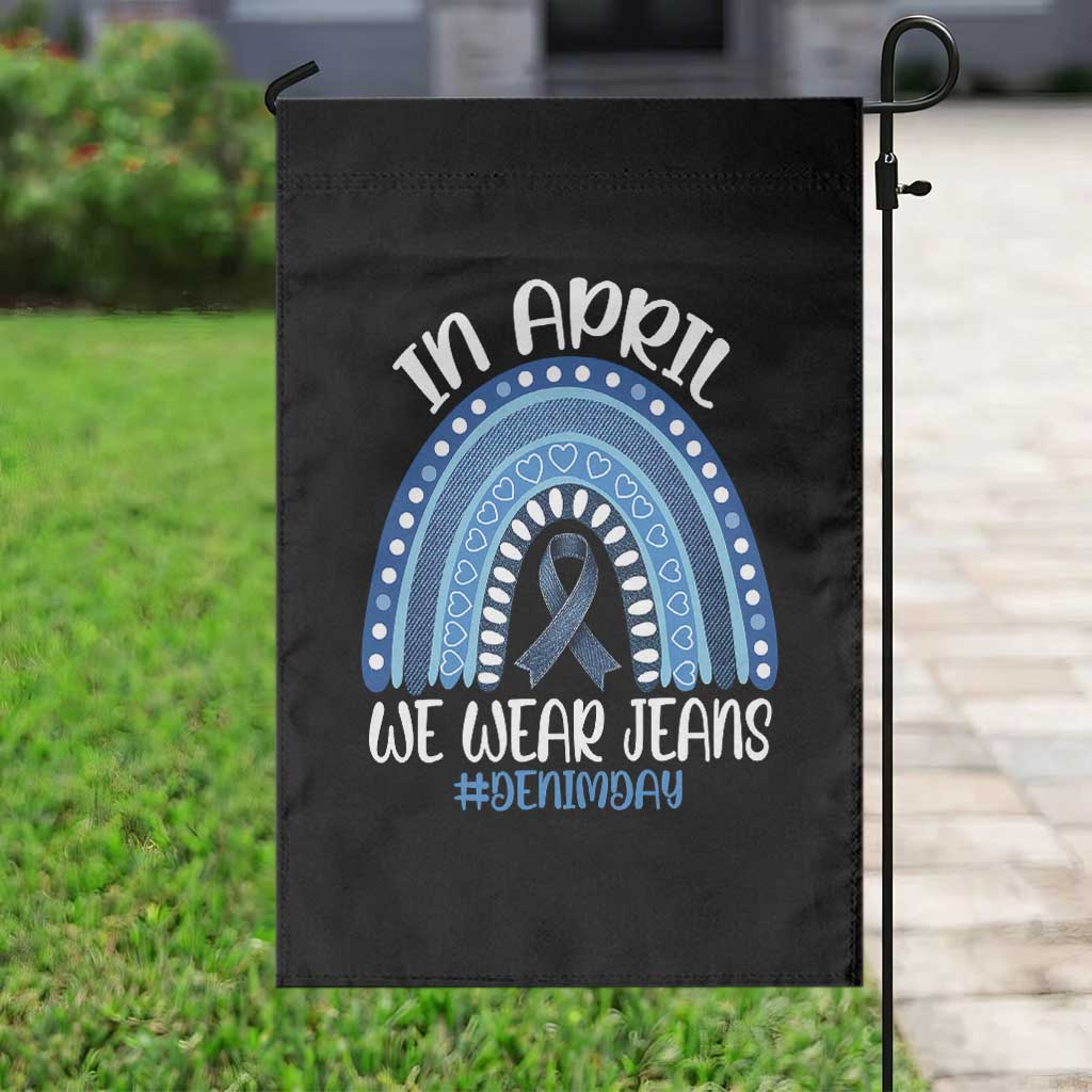 Denim Day Awareness Garden Flag In April We Wear Jeans Rainbow