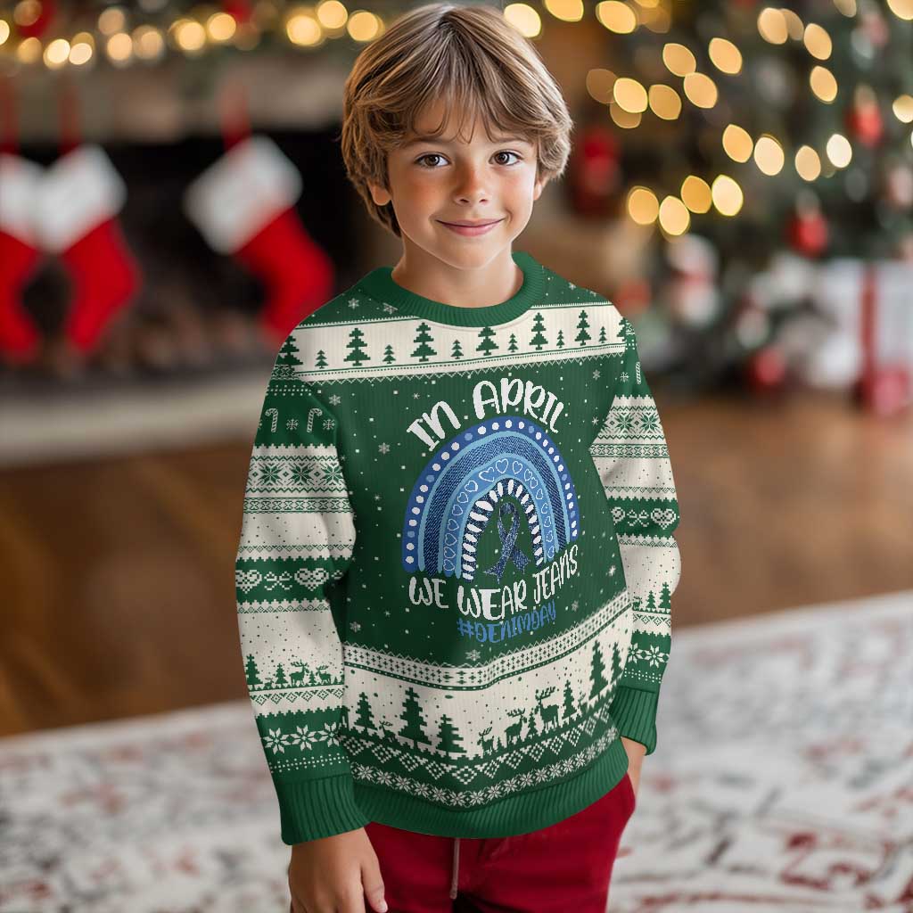 Denim Day Awareness Ugly Christmas Sweater In April We Wear Jeans Rainbow
