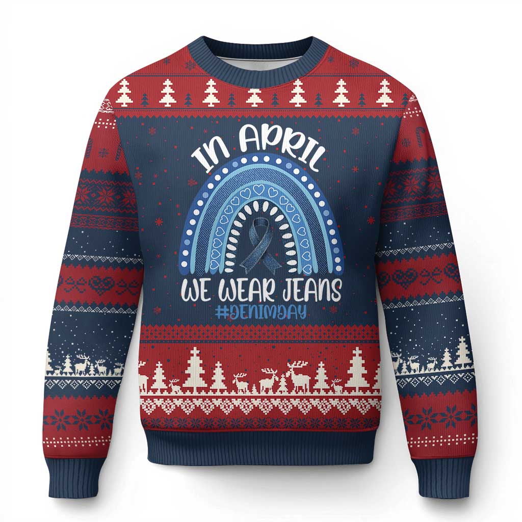 Denim Day Awareness Ugly Christmas Sweater In April We Wear Jeans Rainbow