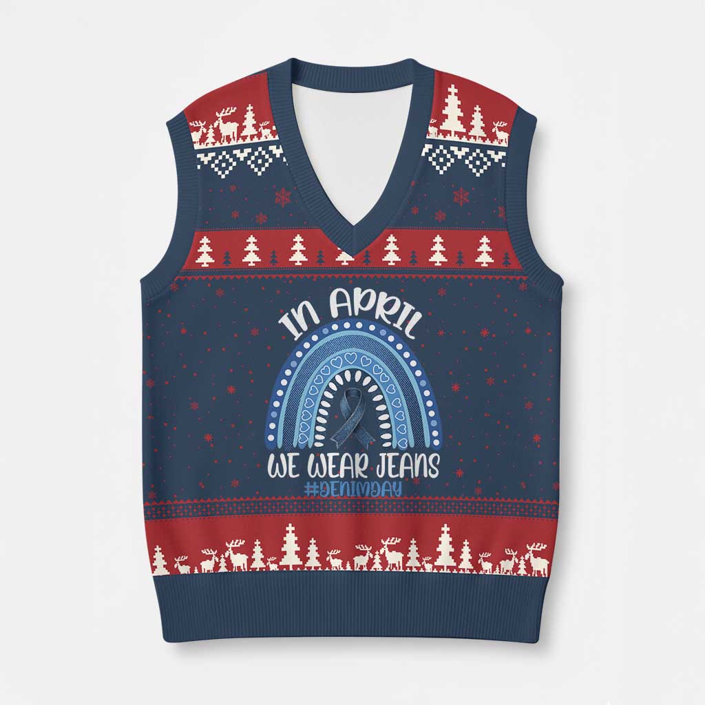 Denim Day Awareness V-Neck Knit Sweater Vest In April We Wear Jeans Rainbow