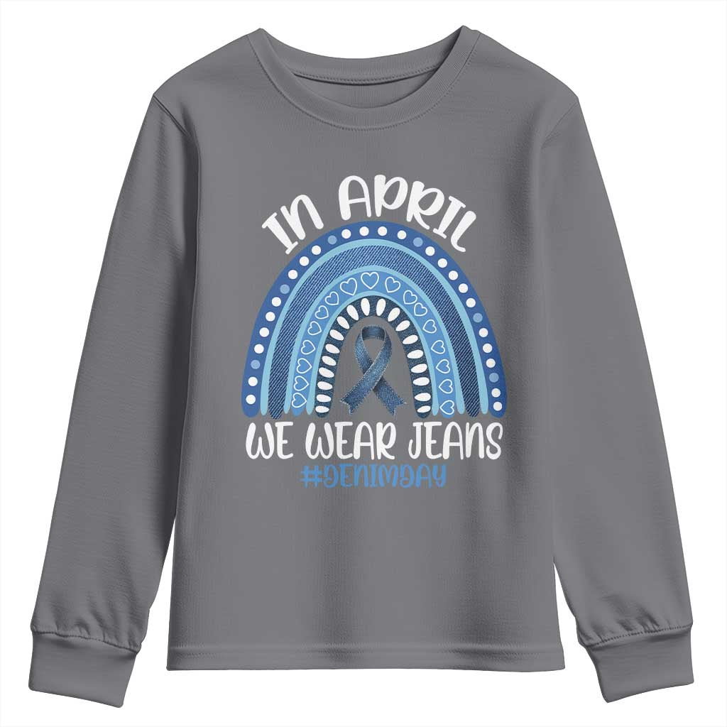 Denim Day Awareness Youth Sweatshirt In April We Wear Jeans Rainbow