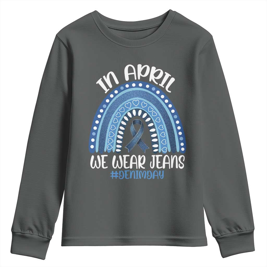Denim Day Awareness Youth Sweatshirt In April We Wear Jeans Rainbow