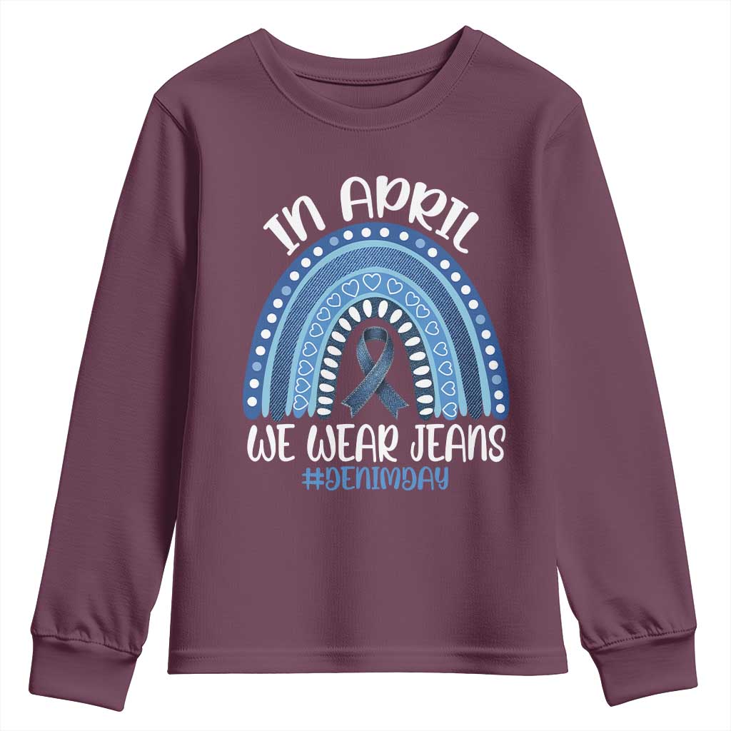 Denim Day Awareness Youth Sweatshirt In April We Wear Jeans Rainbow