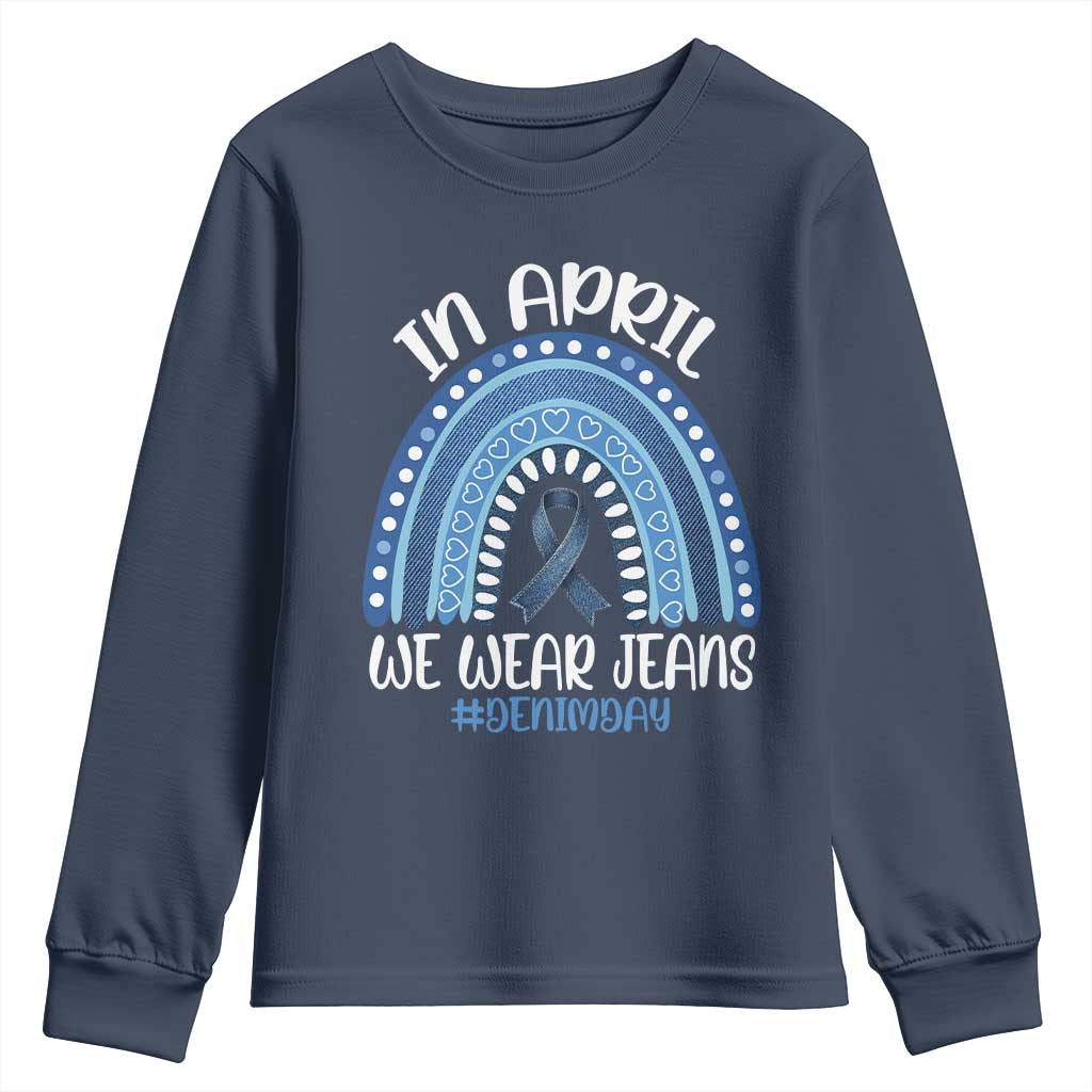 Denim Day Awareness Youth Sweatshirt In April We Wear Jeans Rainbow