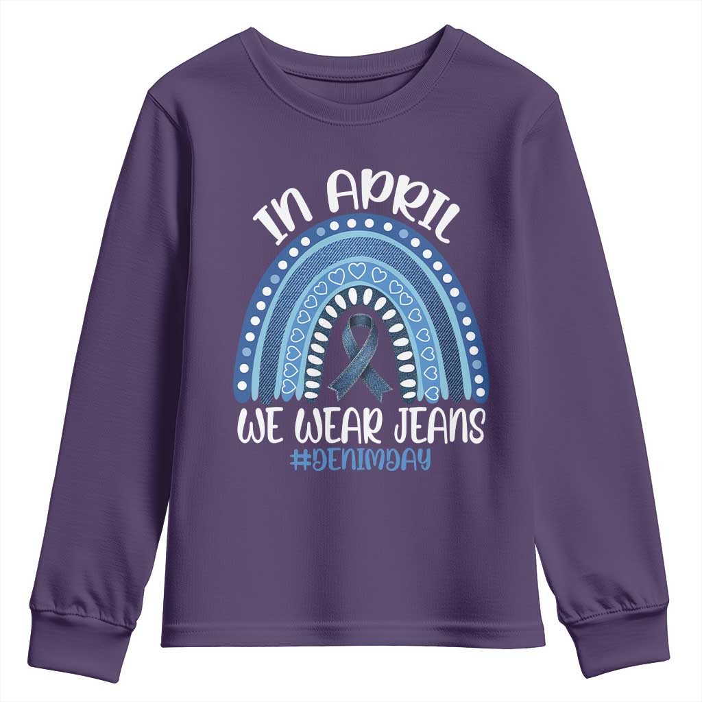 Denim Day Awareness Youth Sweatshirt In April We Wear Jeans Rainbow