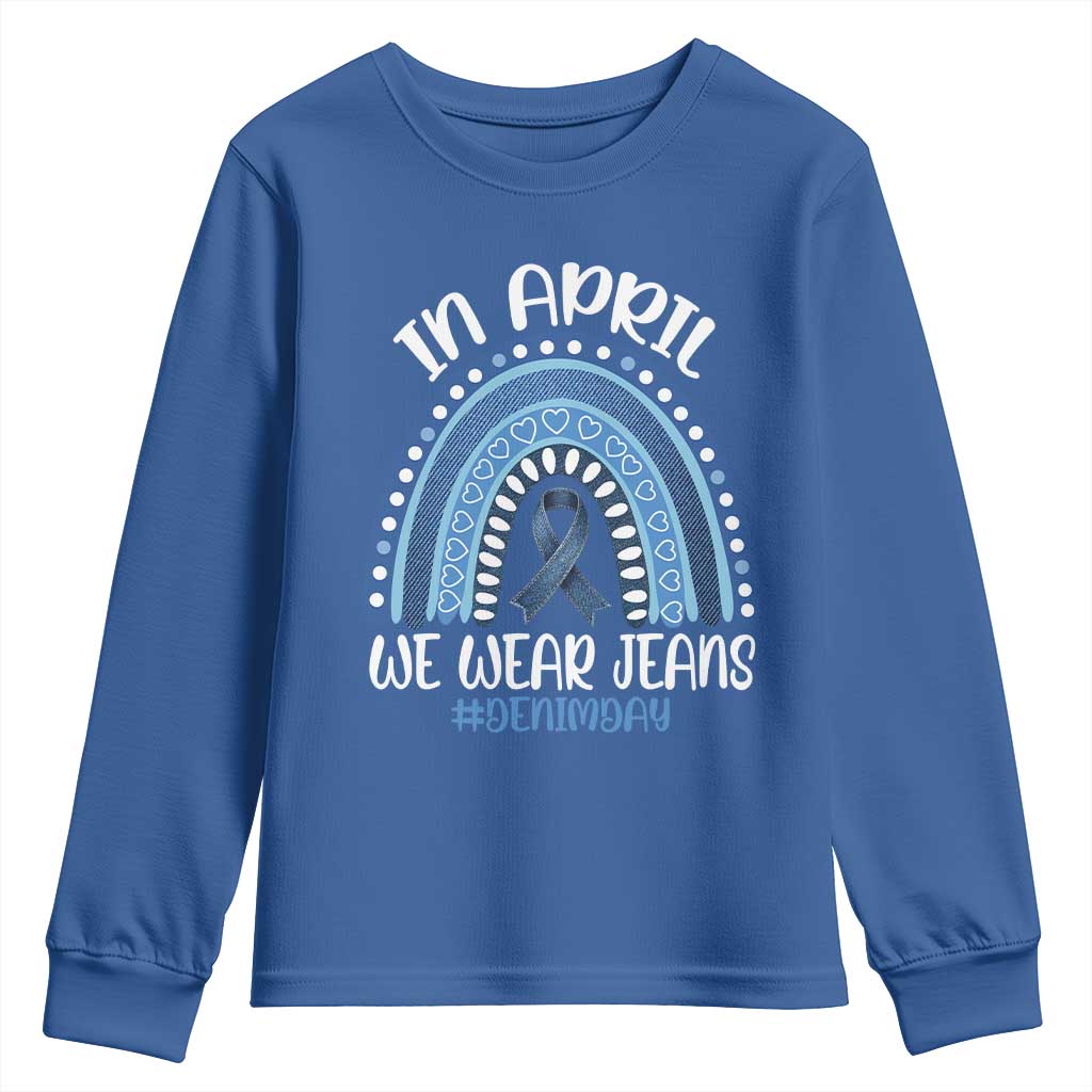 Denim Day Awareness Youth Sweatshirt In April We Wear Jeans Rainbow