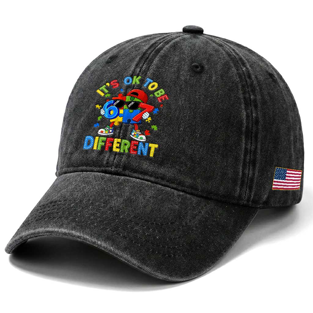 Six Seven Autism Awareness Washed Cotton Baseball Cap It Is Ok To Be Different 67 Meme Puzzle