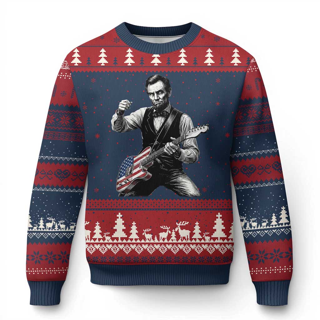 Abraham Lincoln Playing Guitar Vintage American Flag Ugly Christmas Sweater