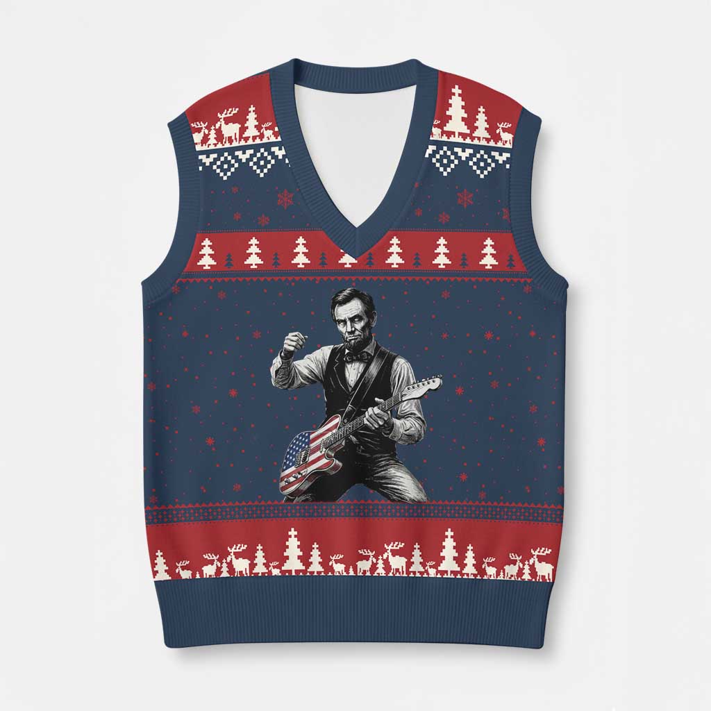 Abraham Lincoln Playing Guitar Vintage American Flag V-Neck Knit Sweater Vest