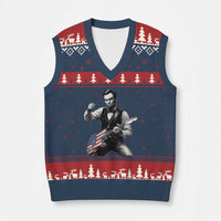 Abraham Lincoln Playing Guitar Vintage American Flag V-Neck Knit Sweater Vest