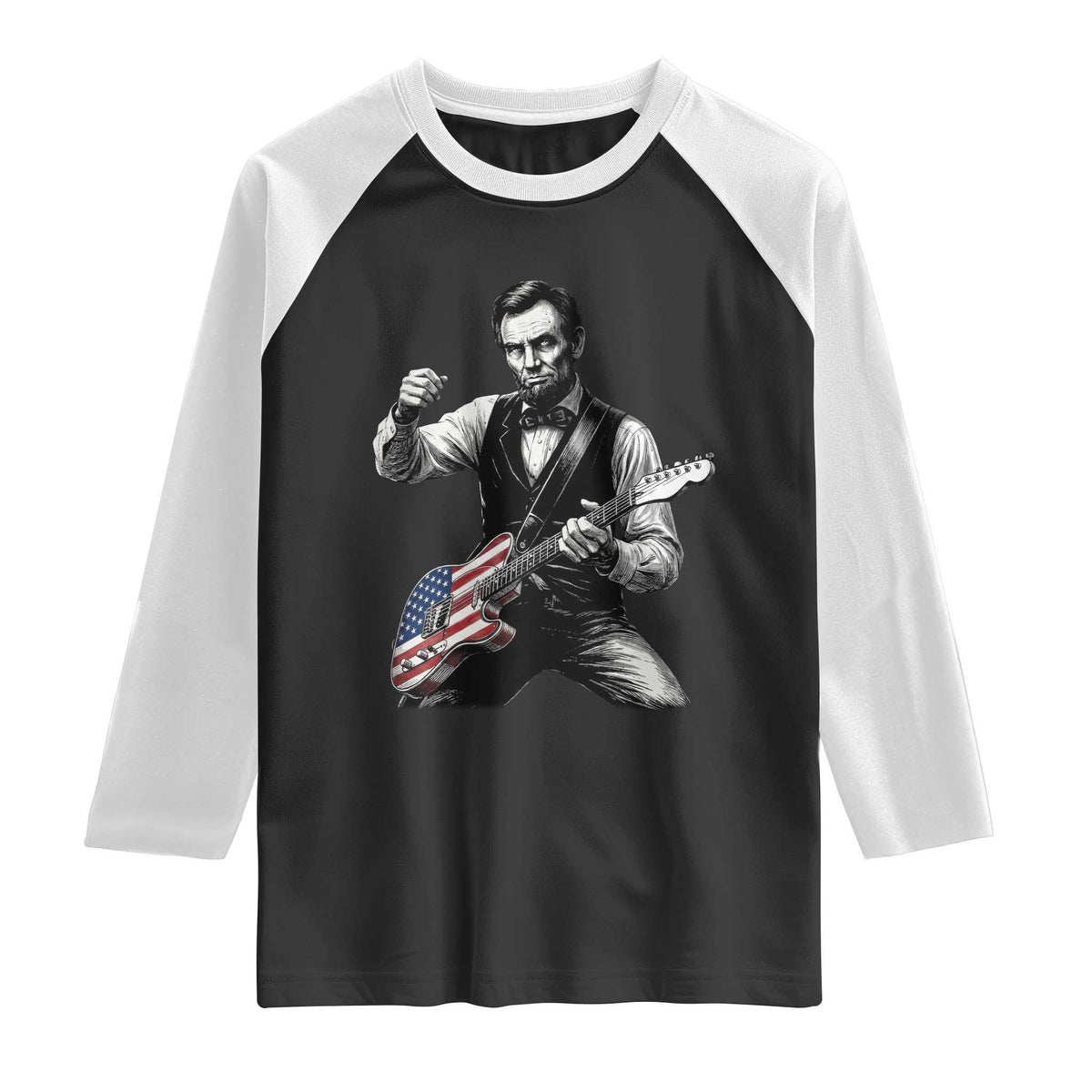 Abraham Lincoln Playing Guitar Vintage American Flag Raglan Shirt