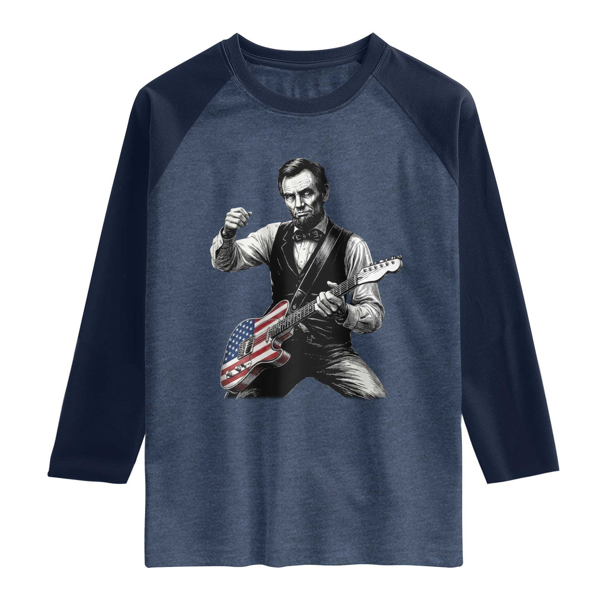 Abraham Lincoln Playing Guitar Vintage American Flag Raglan Shirt