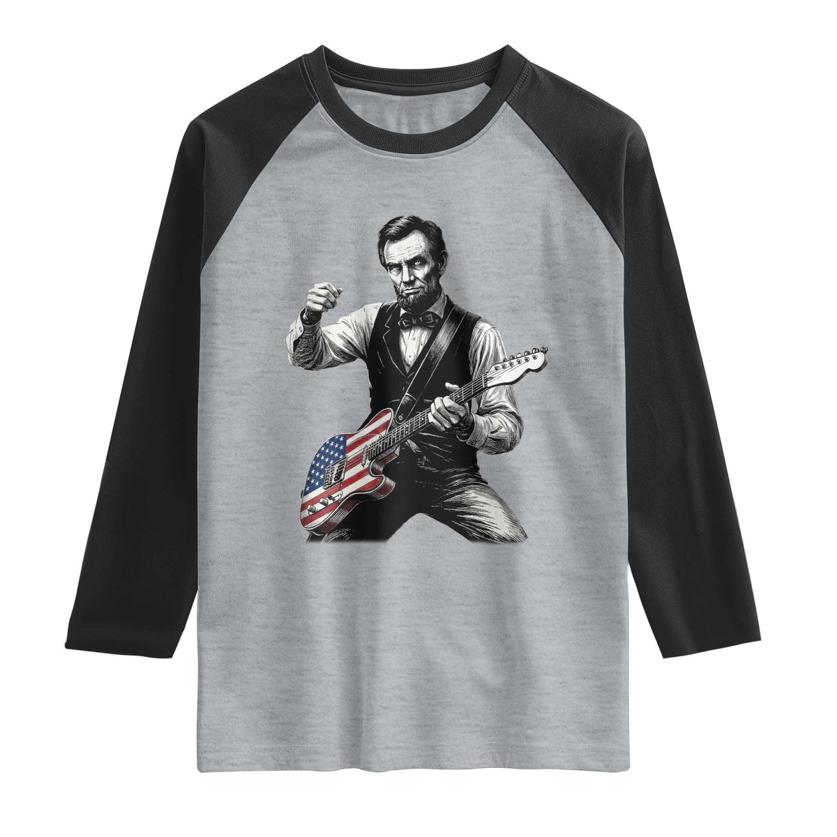 Abraham Lincoln Playing Guitar Vintage American Flag Raglan Shirt