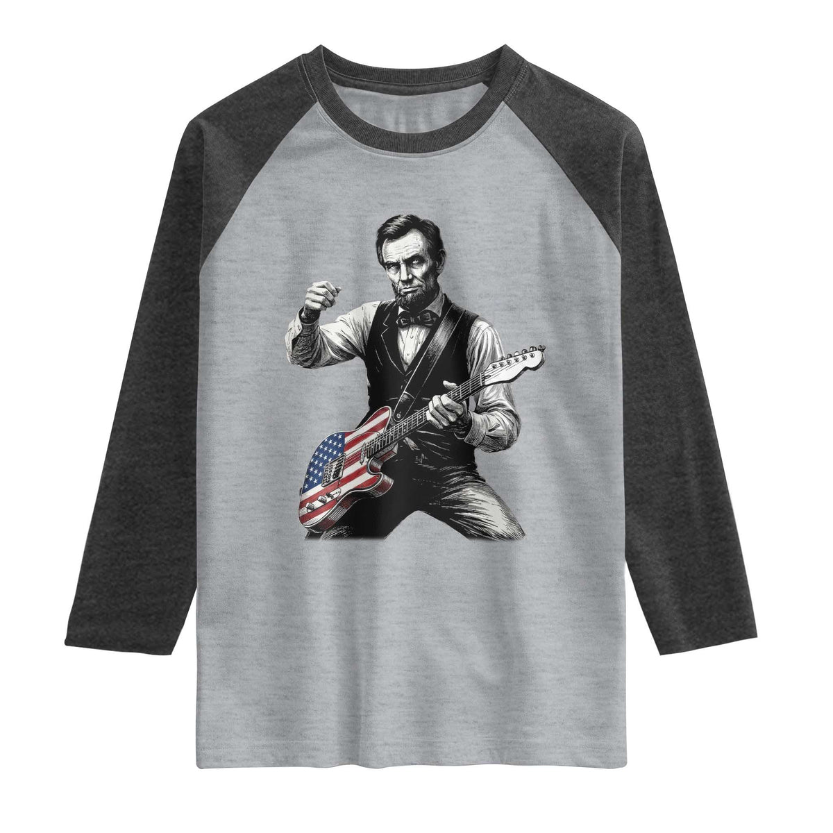Abraham Lincoln Playing Guitar Vintage American Flag Raglan Shirt