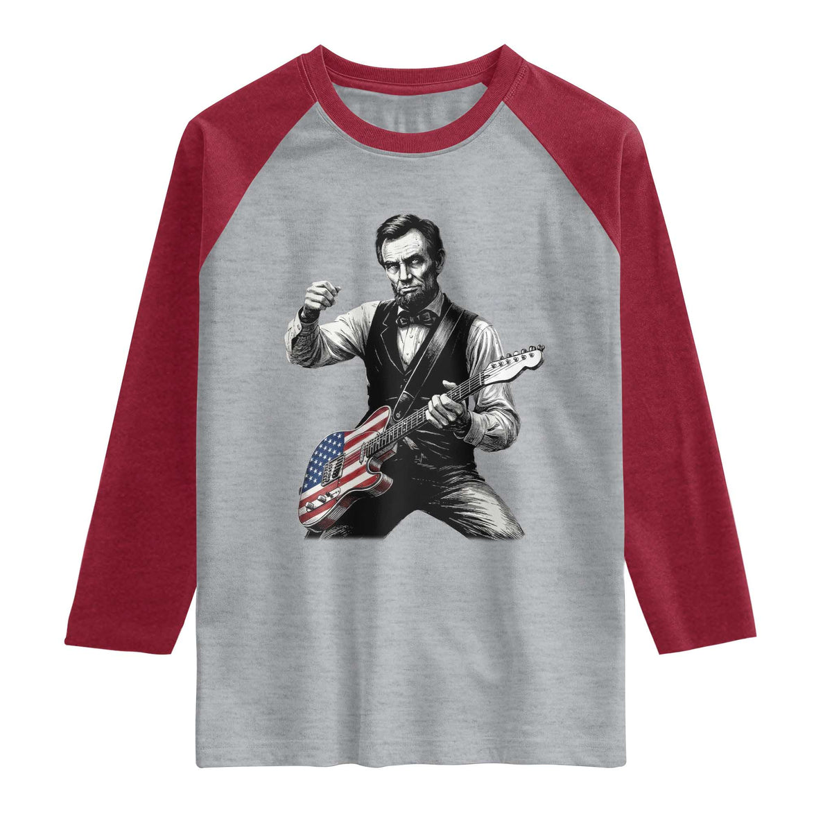 Abraham Lincoln Playing Guitar Vintage American Flag Raglan Shirt