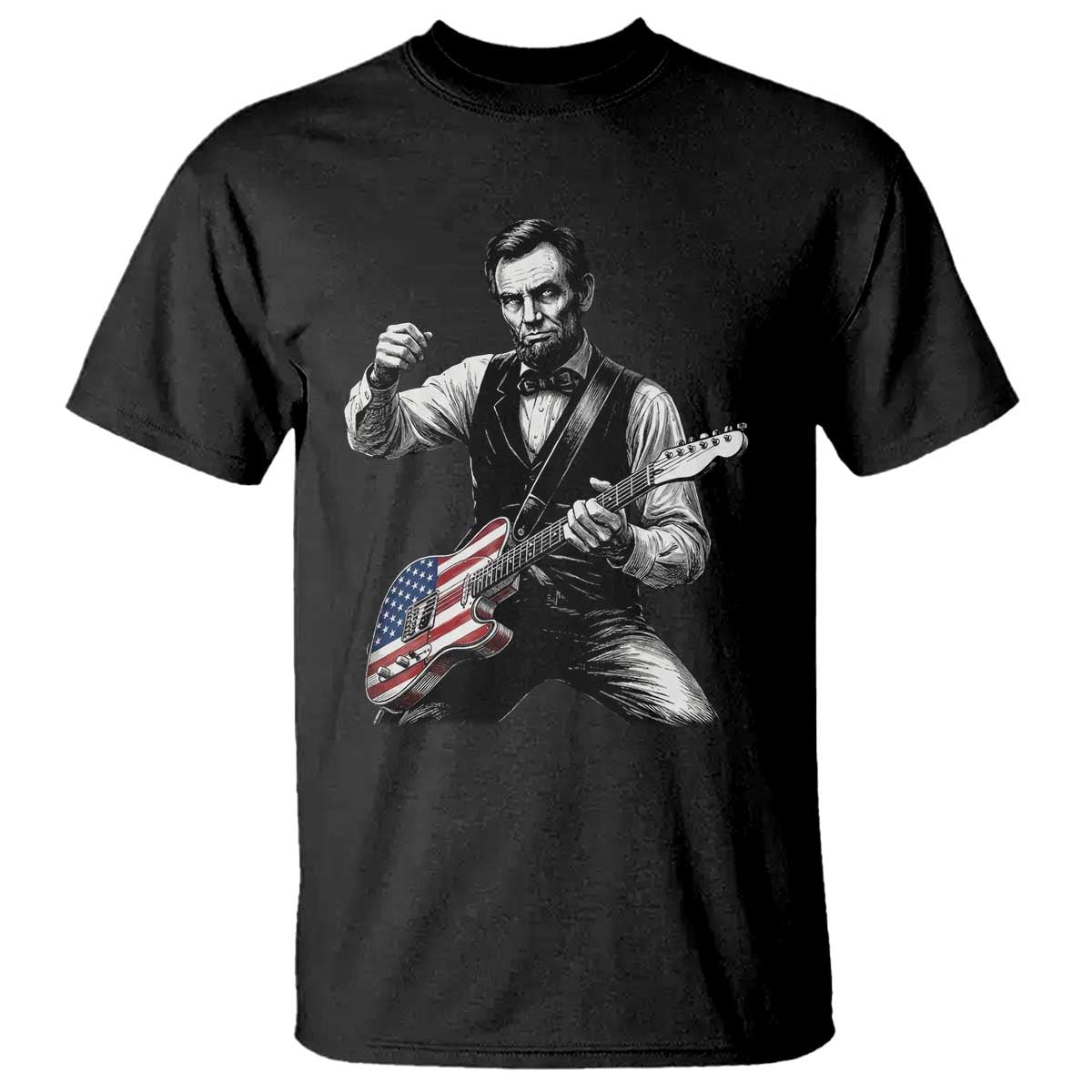 Abraham Lincoln Playing Guitar Vintage American Flag T Shirt