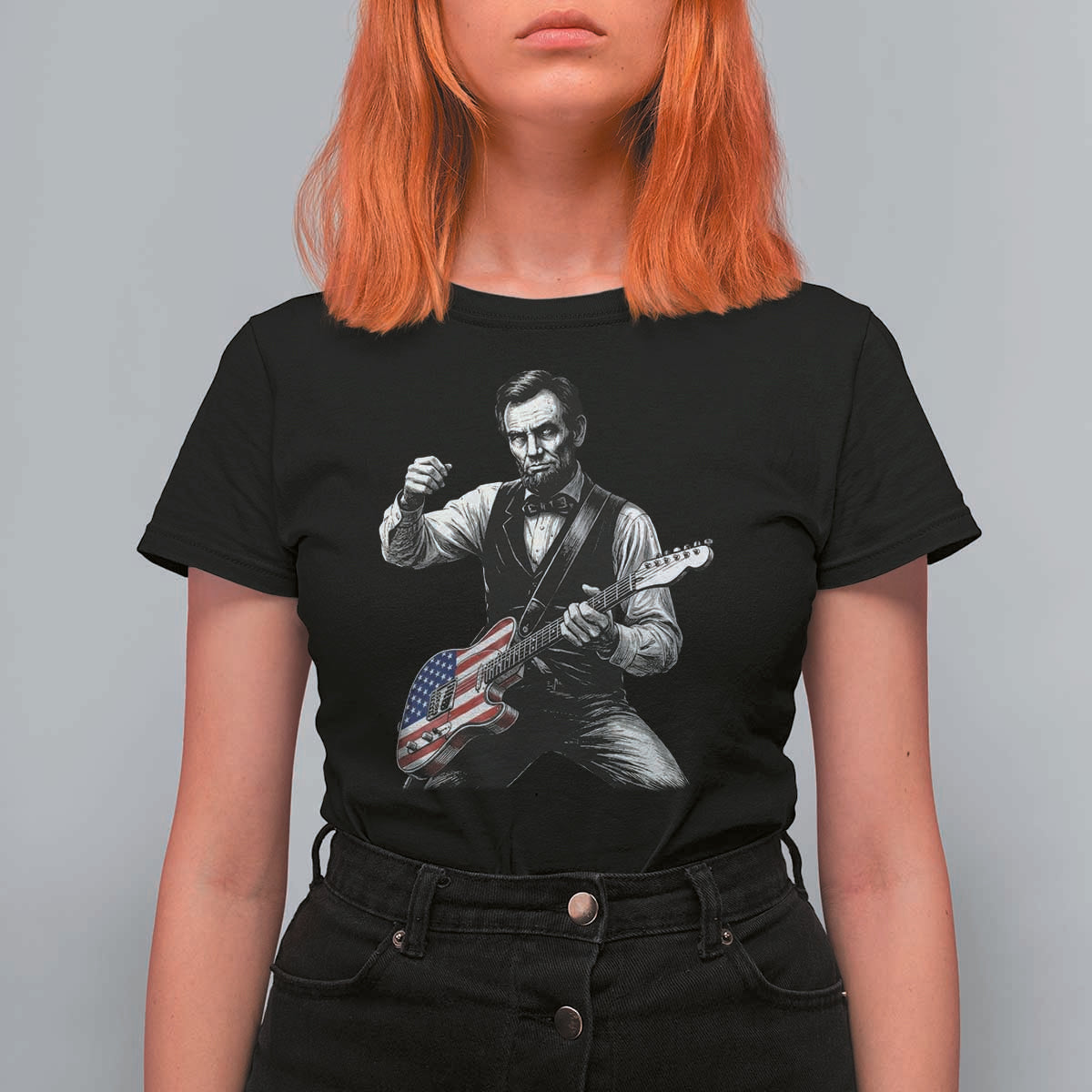 Abraham Lincoln Playing Guitar Vintage American Flag T Shirt For Women