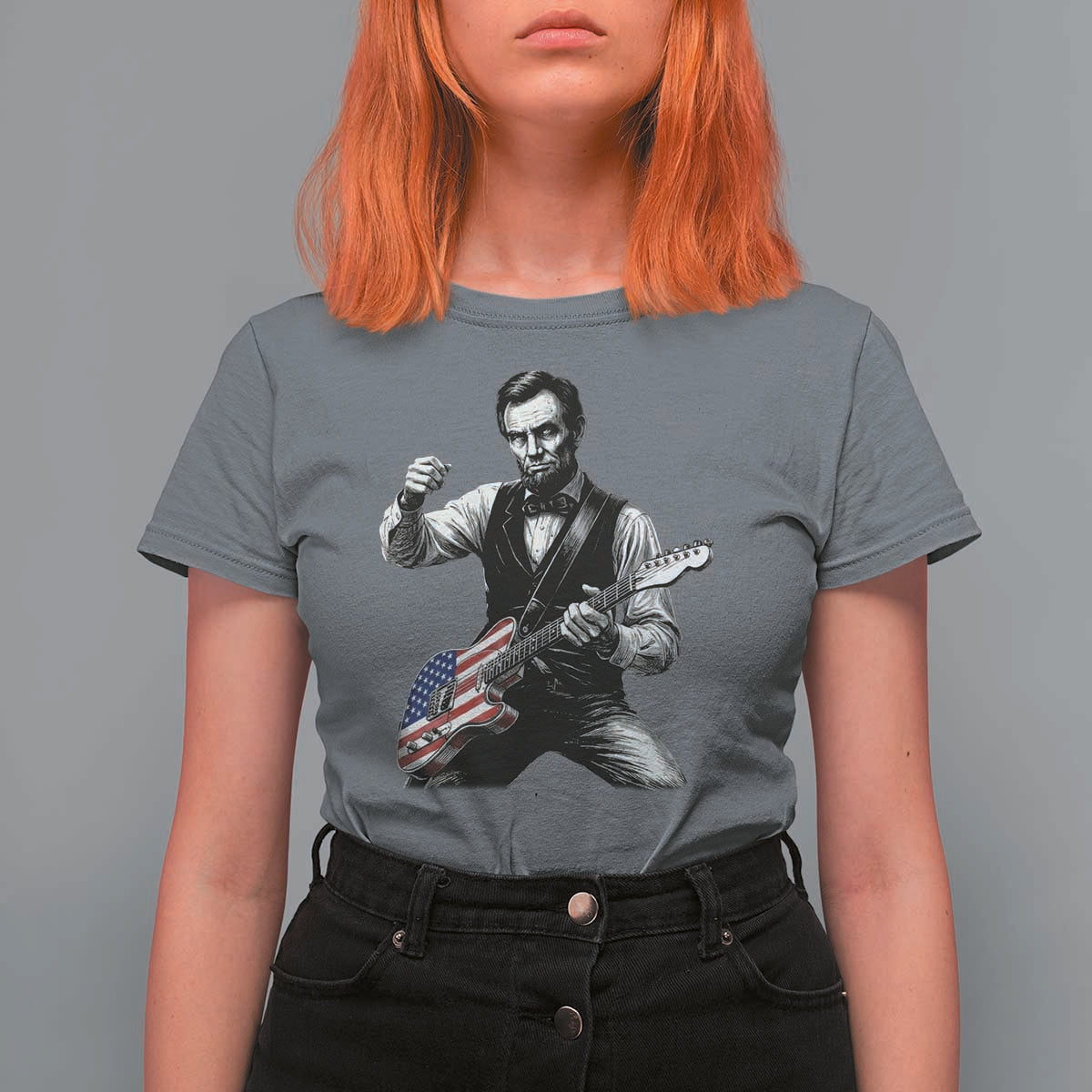 Abraham Lincoln Playing Guitar Vintage American Flag T Shirt For Women