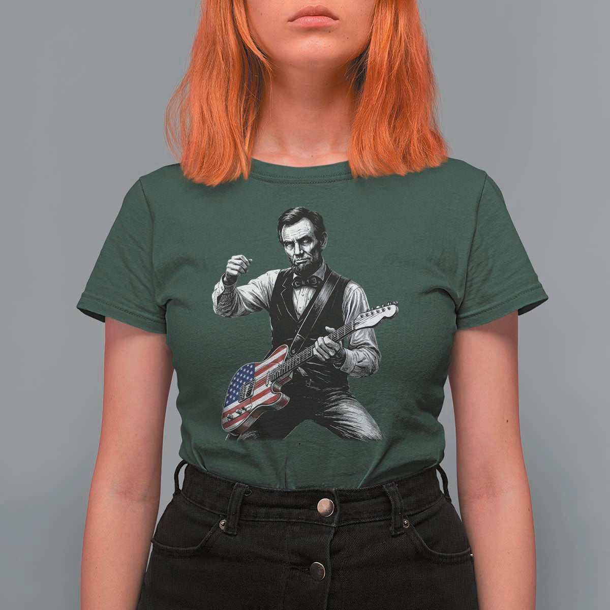 Abraham Lincoln Playing Guitar Vintage American Flag T Shirt For Women