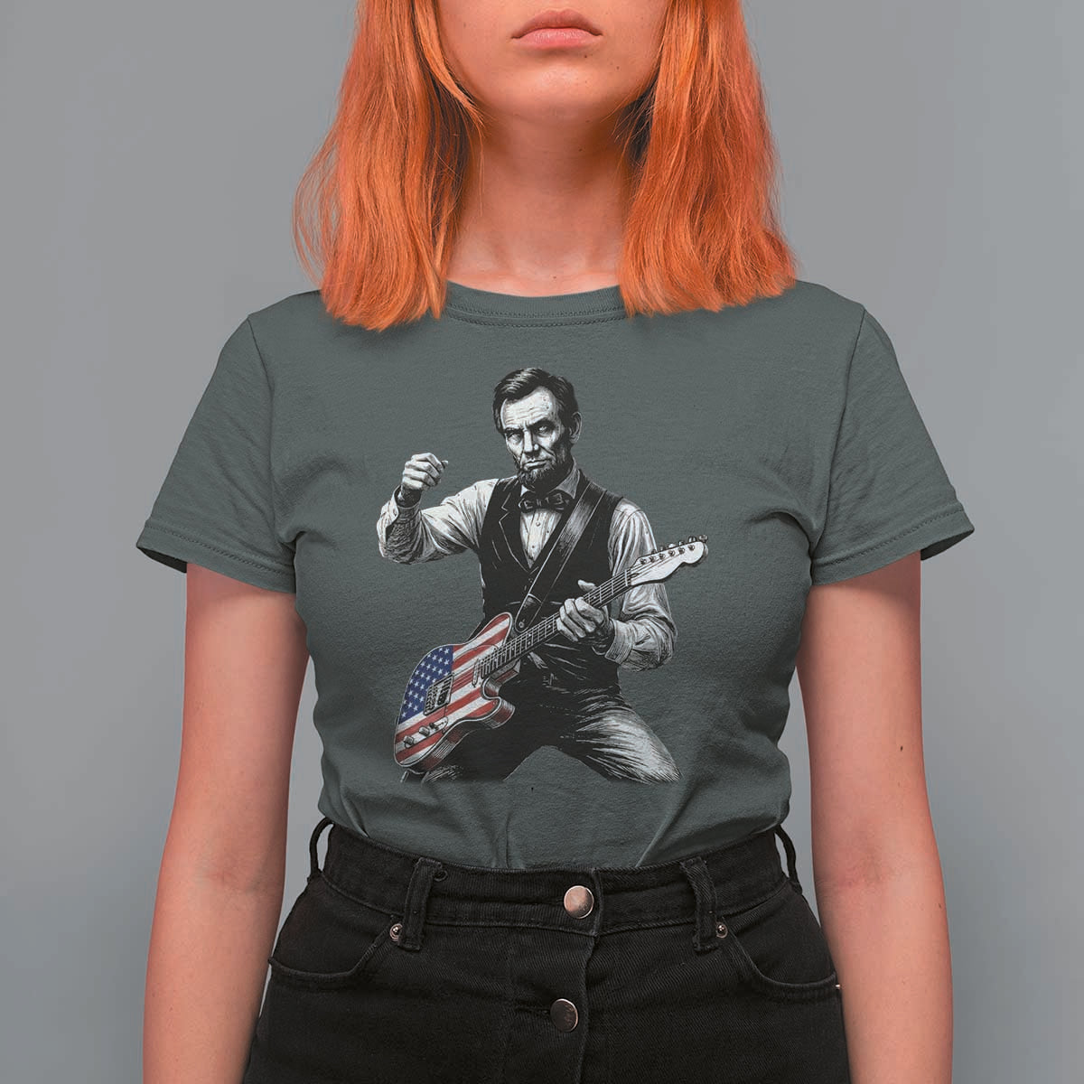 Abraham Lincoln Playing Guitar Vintage American Flag T Shirt For Women