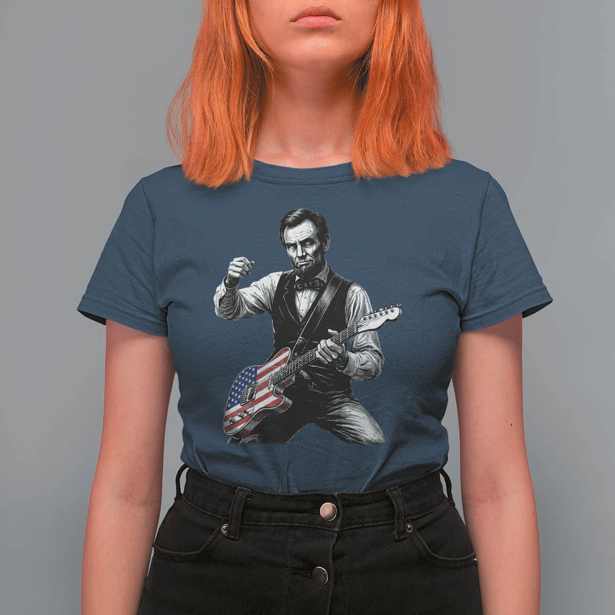 Abraham Lincoln Playing Guitar Vintage American Flag T Shirt For Women