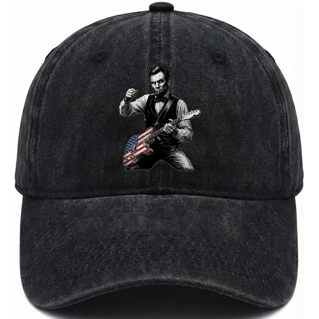 Abraham Lincoln Playing Guitar Vintage American Flag Washed Cotton Baseball Cap