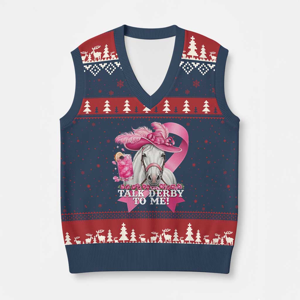 Talk Derby To Me V-Neck Knit Sweater Vest Funny Horse Racing Oaks Derby Day Pink Ribbon